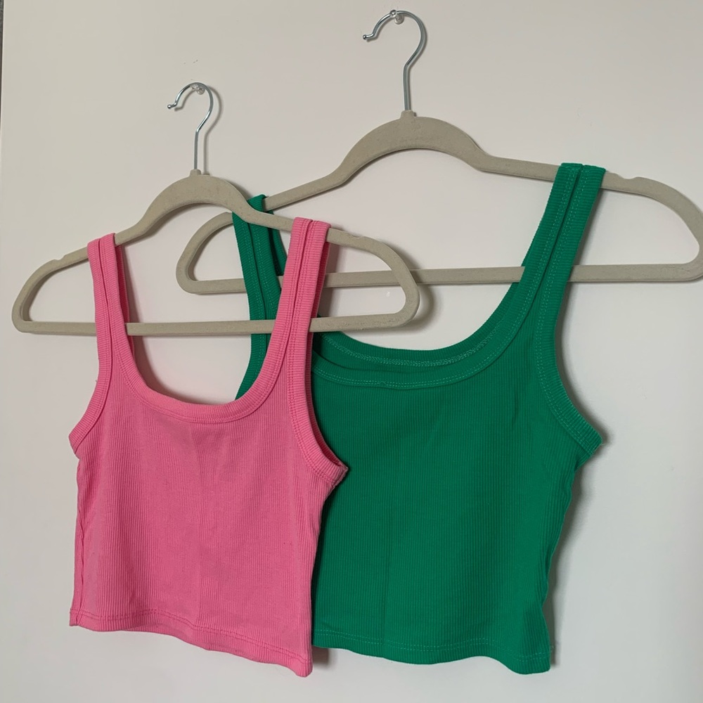 TWO FOR ONE BUNDLE - Pink and Green identical cropped tank tops.